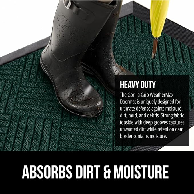 GORILLA GRIP 100% Waterproof All-Season WeatherMax Doormat US Designed Natural Rubber, Stain and Fade Resistant, Low Profile Indoor Outdoor Door Mats, Easy Clean Patio Mat, 23x35, Green Diamond-HomvellaHome