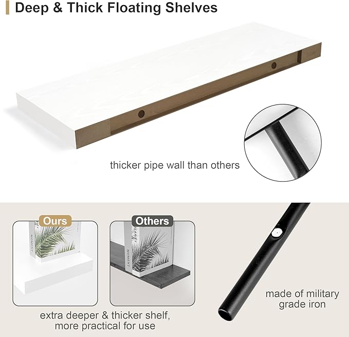 12" Deep White Floating Shelves,Over Toilet Long Wall Mounted Modern Farmhouse 36 inches,Wall Shelves with Invisible Brackets for Bedroom, Bathroom, Living Room, Kitchen, Set of 1-HomvellaHome