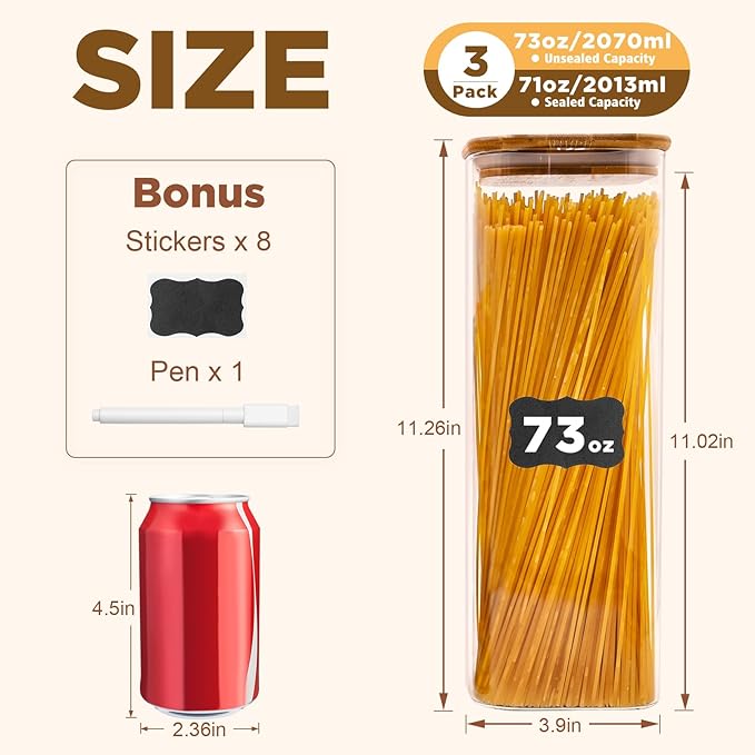 Glass Pasta Storage Jars Square 73oz, 3 Pack Glass Jars With Bamboo Lids, Tall Kitchen Storage Containers For Pasta, Storage For Pantry Organizers-HomvellaHome