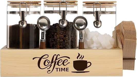 Glass Coffee Canister Set with Shelf & Spoons 3 Piece Coffee Containers for Ground Coffee Coffee Bean Storage Airtight Seal, Coffee Bar Coffee Filter Holder for Kitchen Organization-HomvellaHome