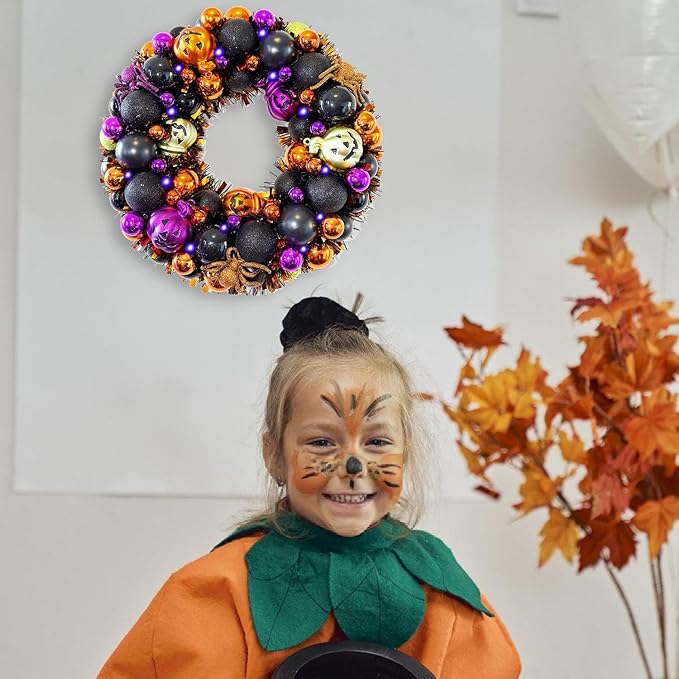 13.8 Inch Halloween Ball Wreath for Front Door with Lights, Lighted Cute Treat-or-Trick Door Wreath Ball Ornament for Halloween Indoor Decorations Centerpiece Party Holiday Wall Home Decor-HomvellaHome