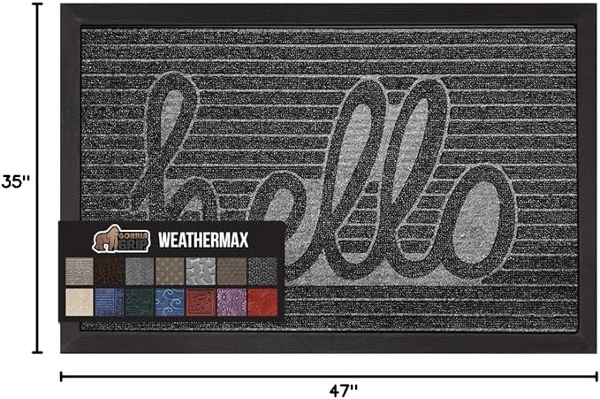 GORILLA GRIP 100% Waterproof All-Season WeatherMax Doormat, 47x35, US Designed Natural Rubber, Stain and Fade Resistant, Low Profile Indoor Outdoor Door Mats, Easy Clean Patio Mat, Charcoal Hello-HomvellaHome
