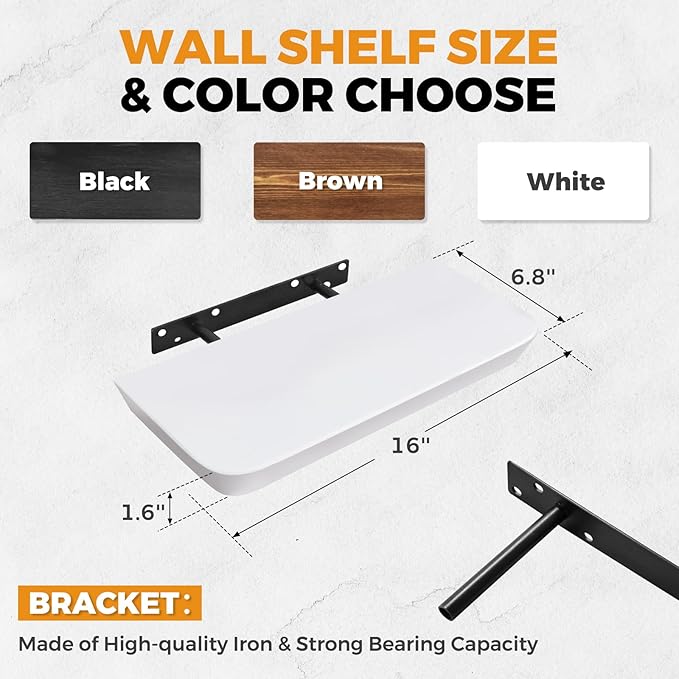 16"x6.8"x1.6" Slanted Floating Wall Shelves 2-Pack - Rustic White Finish, Heavy-Duty Solid Wood Design with Hidden Brackets - Perfect for Living Room, Kitchen, Bathroom, or Office-HomvellaHome