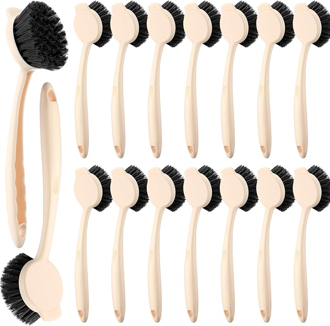 16 Pack Dish Brush with Handle Dish Scrubber Brush with Built-in Scraper Kitchen Scrub with Stiff Bristles Long Scrubber for Home Restaurant Pot Sink Washing Cleaning Supplies, Beige-HomvellaHome