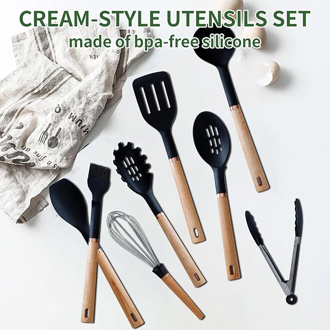 13-Piece silicone utensil set wood handle nonstick cookware safe dishwasher safe kitchen tools BPA free heat resistant (450°F/230°C) ceramic pan safe cooking gifts housewarming (Black)-HomvellaHome