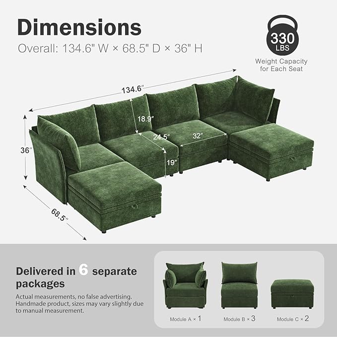 134.6" Oversized Modular Sectional Sofa, 6 Seater U Shaped Couch with Storage Ottoman with Reversible Chaise Deep Seat for Living Room, Apartment - Chenille Green-HomvellaHome
