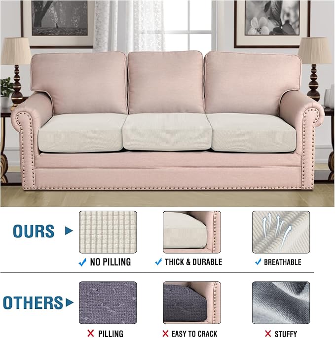 H.VERSAILTEX Super Stretch Individual Seat Cushion Covers Sofa Covers Couch Covers Slipcover Sets Thick Jacquard Textured Twill Fabric (3 Piece XL Sofa Cushion Covers, Porcelain)-HomvellaHome