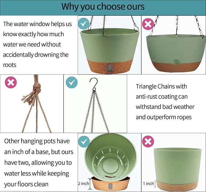 2 Pack Hanging Planters, 10 inch Indoor Outdoor Hanging Plant Pot Basket, Hanging Plastic Flower Pot with Drainage Hole with Removable Tray&Hooks for Hanging Plants,Green-HomvellaHome