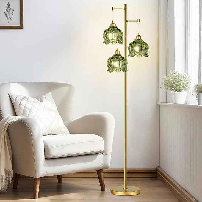 Gold Floor Lamp for Living Room,Bedroom,Mid Century Modern Standing Lamp Brass Tree 3 Light Tall Floor Lamps Vintage Retro Floor Lights Glass Green Flower Lamp Shade Farmhouse Boho Bohemian-HomvellaHome