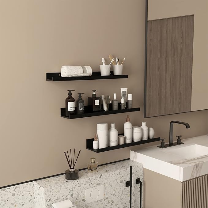 Giftgarden 24 Inch Black Floating Shelves Wall Mounted Woodgrain Picture Ledge Shelf for Storage Bedroom Bathroom Kitchen Living Room Office, Set of 3 Different Sizes-HomvellaHome