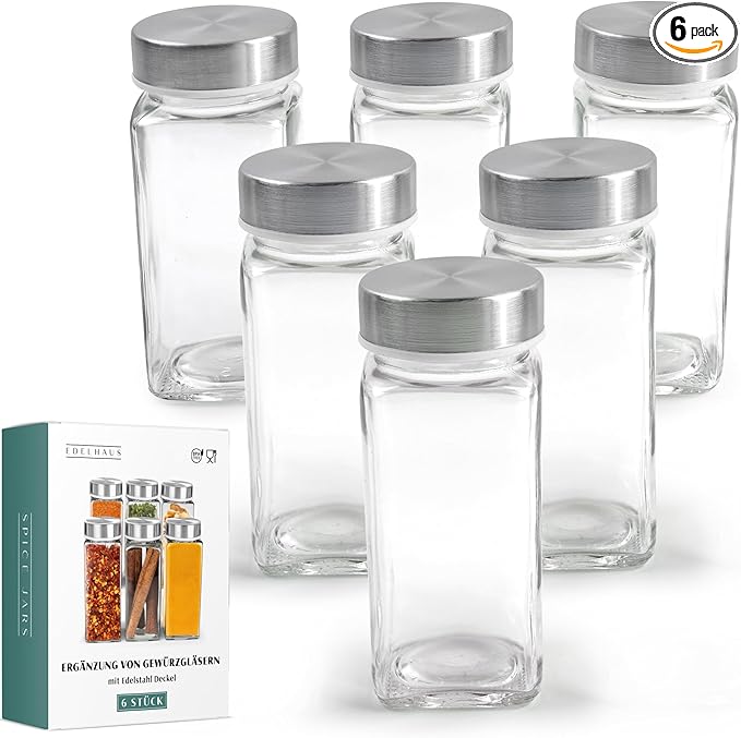 Glass Spice Jars and stainless Steel Lids (6 x 4oz) Spice Containers with Shaker Inserts - Add-On Pack Without Labels or Accessories-HomvellaHome