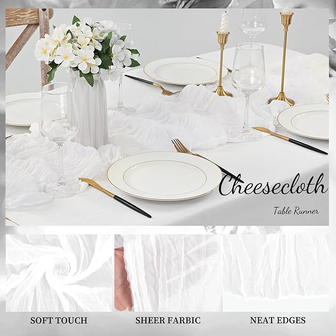10FT 12 Pack White Cheesecloth Table Runner 20 x 120 Inch Long Rustic Gauze Cheese Cloth Table Runner for Wedding Bridal Baby Shower Table Decorations Boho Fabric Sheer Birthday Party Table Decor-HomvellaHome