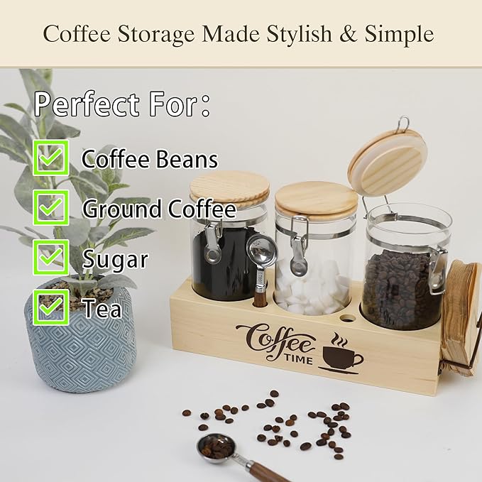 Glass Coffee Canister Set with Shelf & Spoons 3 Piece Coffee Containers for Ground Coffee Coffee Bean Storage Airtight Seal, Coffee Bar Coffee Filter Holder for Kitchen Organization-HomvellaHome