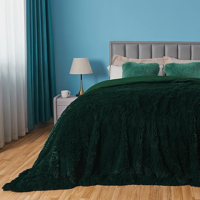 GONAAP Fuzzy Faux Fur Throw Blanket Queen Size Forest Green Super Soft Cozy Plush Fuzzy Shaggy Blanket for Couch Sofa Bed (Forest Green, Queen(90"x90"))-HomvellaHome