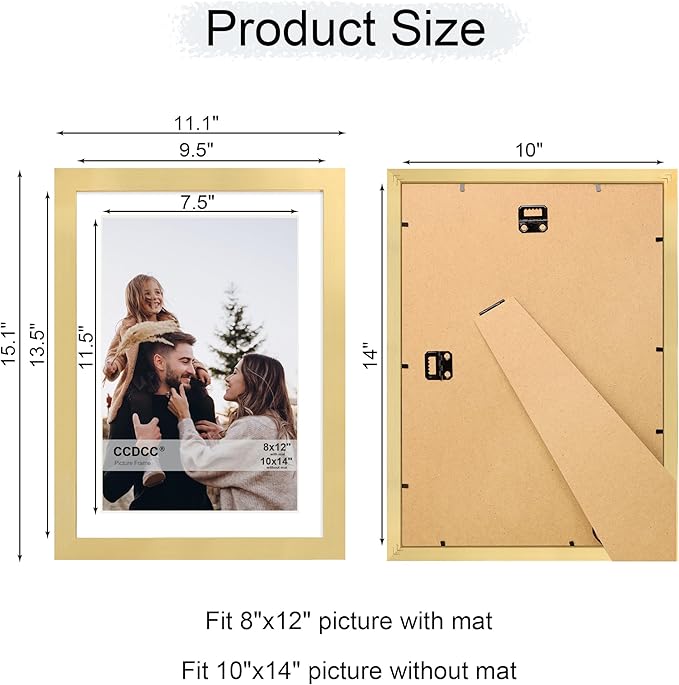 10x14 Picture Frame Set of 4, 10 x 14 Wood Photo Frames with Mat for 8x12 or 30x40cm Diamond Painting Art, Wooden Frame with Real Glass Cover for Wall and Tabletop Display,Gold-HomvellaHome