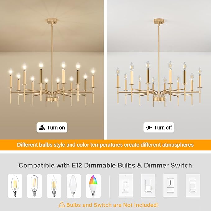 12 Light Gold Chandelier Light Fixture, Modern Farmhouse Chandeliers for Dining Room Light Fixture, Metal Candle Pendant Chandelier for Foyer Entryway Stairs Living Room Bedroom Kitchen-HomvellaHome