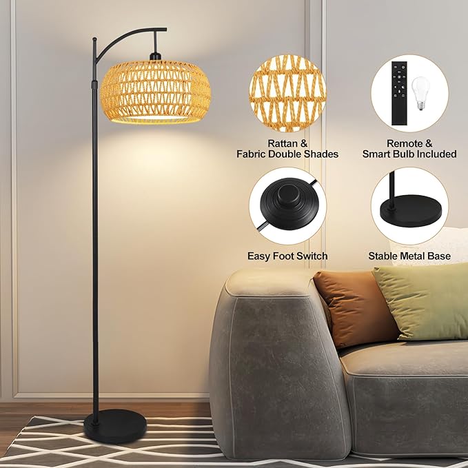 Arc Floor Lamps for Living Room Rattan Boho Floor Lamp with Remote Control,Dimmable LED Floor Lamp Wicker Lamp Shades Black Standing Lamp with 3 Color Temperature Tall Floor Lamps For Bedroom Corner-HomvellaHome