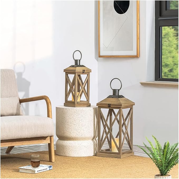Glitzhome Mondern Farmhouse Wood Metal Lanterns Decorative Hanging Candle Lanterns Set of 2, Natural (No Glass)-HomvellaHome
