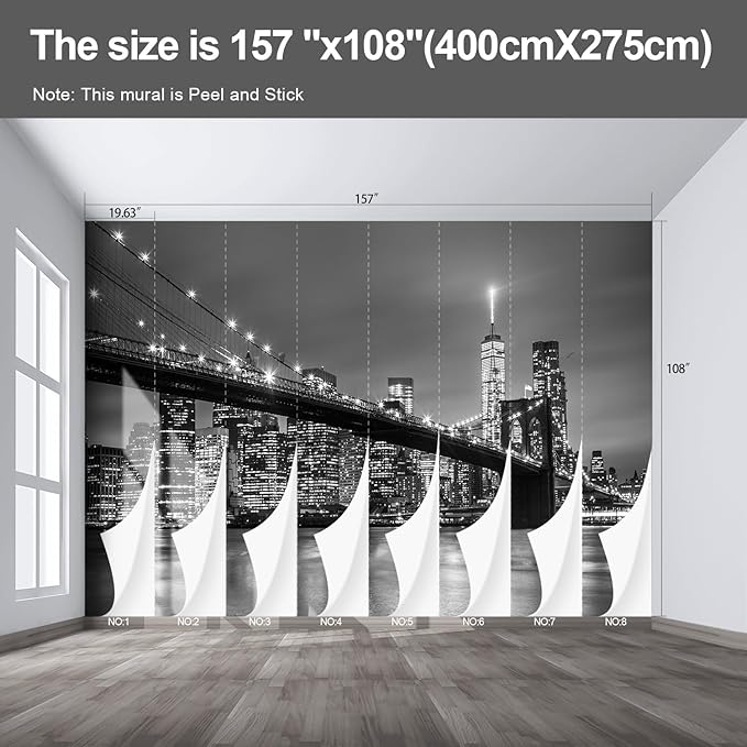 Gray Brooklyn Bridge at Night NYC Wall murals New York Peel and Stick Wallpaper for Bedroom Living Room - 108"x157"-HomvellaHome