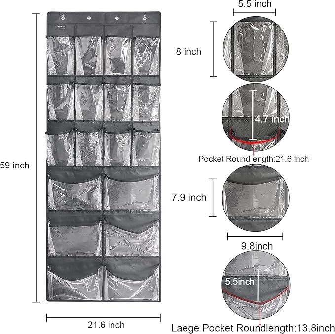 2 Pack Extra Large Hanging Over Door Shoe Organizers,closet shoe organizer shoe rack organizer shoe storage,12+6 Crytal Pockets,8Hooks,black (59"x 21.6")-HomvellaHome