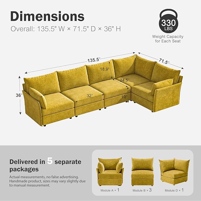 135.5" Oversized Modular Sectional Sofa, L Shaped Convertible Couch with Movable Ottoman, 5 Seat Corner Couches for Living Room Deep Seat Yellow Chenille-HomvellaHome