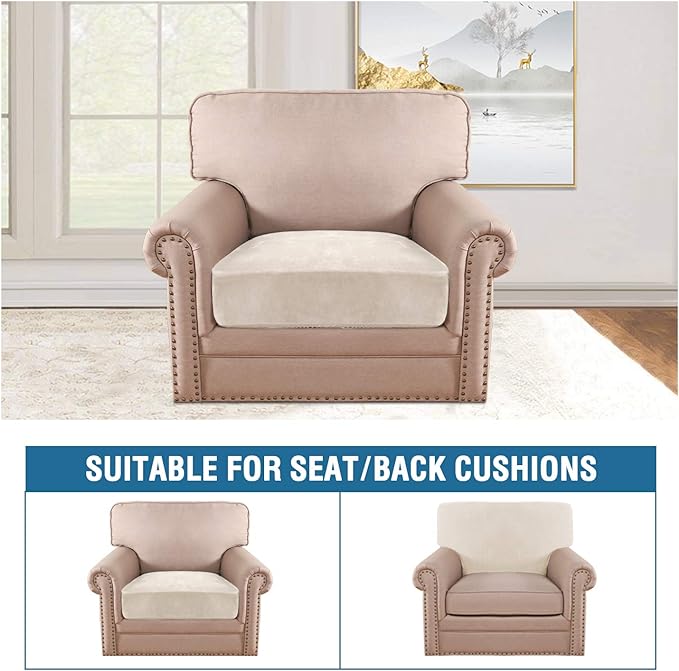 H.VERSAILTEX Velvet Stretch Couch Cushion Cover Plush Cushion Slipcover for Chair Cushion Furniture Protector Seat Cushion Sofa Cover (1 Piece Armchair Cushion Covers, Ivory)-HomvellaHome