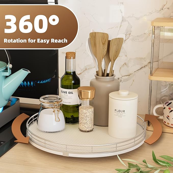 13" Lazy Susan Turntable Organizer for Table Top, Round Wooden Lazy Susan for Cabinet Kitchen Decor Centerpieces Coffee Table, Storage Condiments Spices, Bathroom Vanity Tray for Soap, White-HomvellaHome