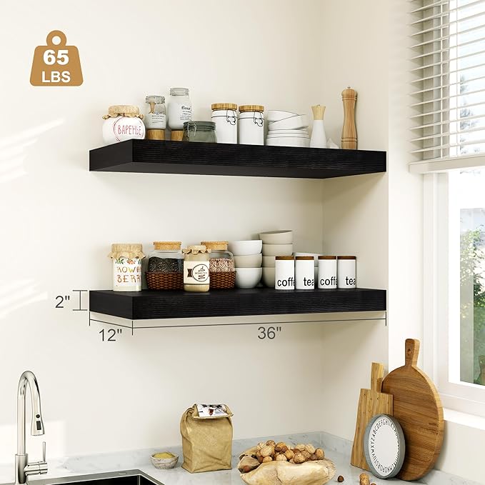 12" Deep Black Floating Shelves,Over Toilet Long Wall Mounted Modern Farmhouse 36 inches,Wall Shelves with Invisible Brackets for Bedroom, Bathroom, Living Room, Kitchen, Set of 1-HomvellaHome