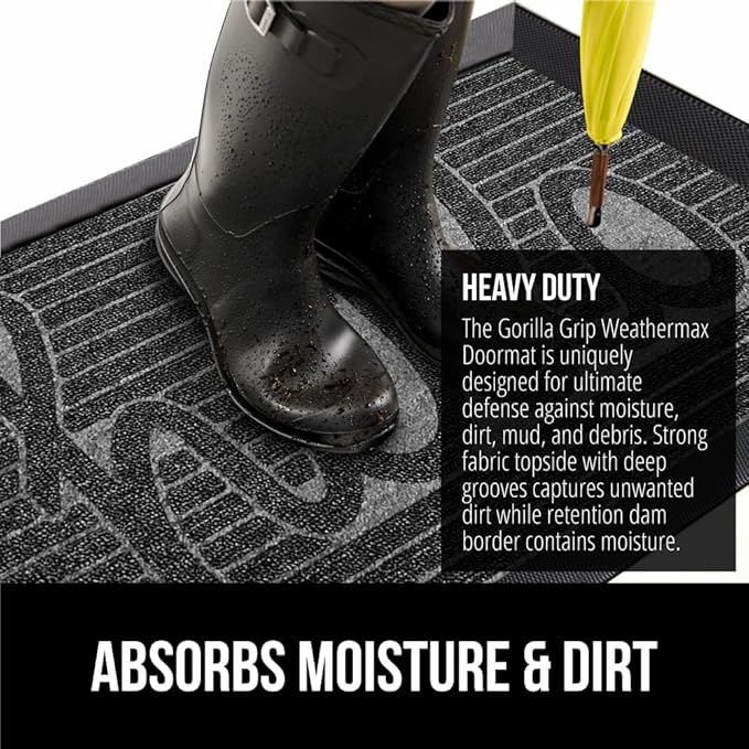 GORILLA GRIP 100% Waterproof All-Season WeatherMax Doormat, 47x35, US Designed Natural Rubber, Stain and Fade Resistant, Low Profile Indoor Outdoor Door Mats, Easy Clean Patio Mat, Charcoal Hello-HomvellaHome