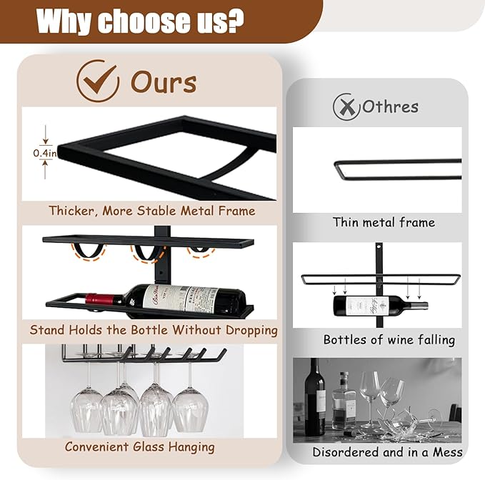 10 Bottle Wall Mount Wine Rack with Wine Glass Holder, Metal Wine Wall Rack, Wall Racks for Wine Bottles Display and Storage, Hanging Bottle Organizer for Living Dining Room Wine Cellar Bar (Black)-HomvellaHome