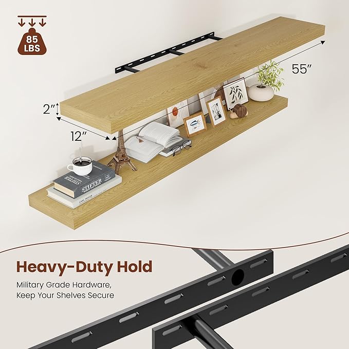 12 Inch Deep Floating Shelves 55 inch Long, 55 x 12 Wide Wall Shelves with Invisible Brackets, Heavy Duty Shelf for Bedroom Bathroom Living Room Kitchen Office Home Decor, Modern Shelf Set of 2, Oak-HomvellaHome