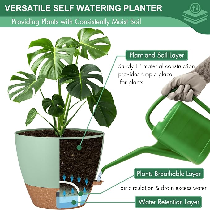 12/10/8 Inch Self Watering Pots for Indoor Plants Plastic Large Plant Pot for Outdoor Plants, Water Level Window & Spacious Reservoir Flower Pots Decorative Planter with Drainage and Tray (Green)-HomvellaHome