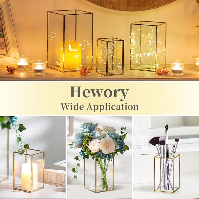 Glass Hurricane Candle Holder Large - Hewory 6pcs Gold Rectangle Flower Holders Centerpiece for Table, Tall Floor Square Pillar Candle Lantern for Wedding, Anniversary, Party, Fireplace, Dining Room-HomvellaHome
