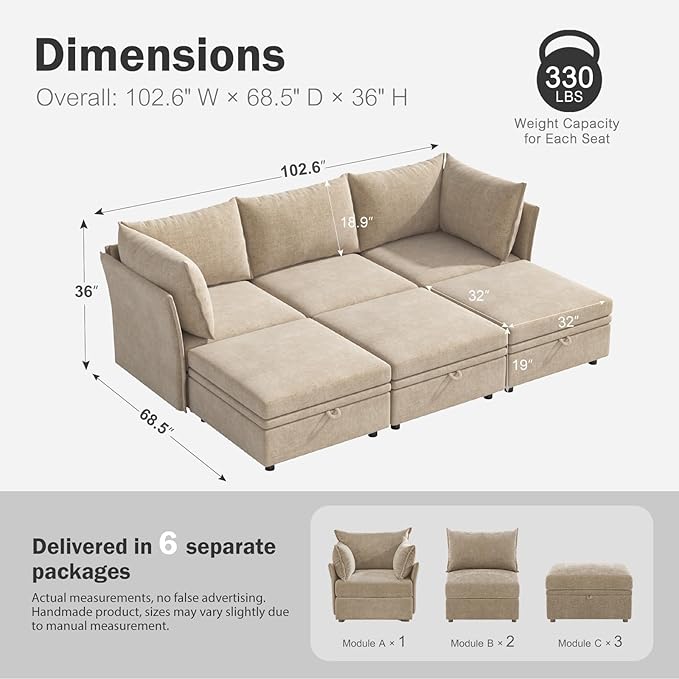 102.6" Luxury Modular Sleeper Sofa Bed 6 Seat Reversible Sectional Couch Deep Seat with Storage Chaises Removable Cover for Living Room, Apartment - Chenille Beige-HomvellaHome