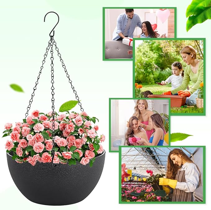 12 inch Hanging Planters for Indoor Plants, 2 Pack Planters for Outdoor Plants with Drainage Holes and Chain, Round Plastic Hanging Baskets, Hanging Flower Pots for Balcony Garden Decor-Black-HomvellaHome