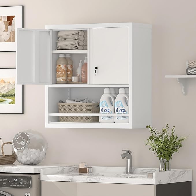 Wall Cabinets,Garage Metal Storage Cabinet with Shelf,Wall Storage Cabinet with Locking Door,Steel Cabinets for Kitchen,Home Office,Basement-HomvellaHome