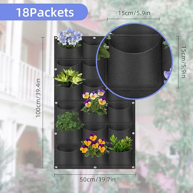 18 Pockets Hanging Planter Bags, Hanging Vertical Wall Mounted Plant Planting Grow Bags, Herb Garden Planter Outdoor Indoor Growing Bag, Gardening Vertical Greening Flower Container(1m×0.5m, Black)-HomvellaHome