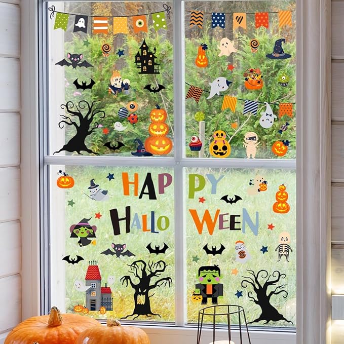 10 Sheets Halloween Window Clings Halloween Window Stickers Decorations Double-Sided Removable Castle Pumpkin Bat Glass Window Decals, Happy Halloween Window Clings for Kids Party Decorations-HomvellaHome