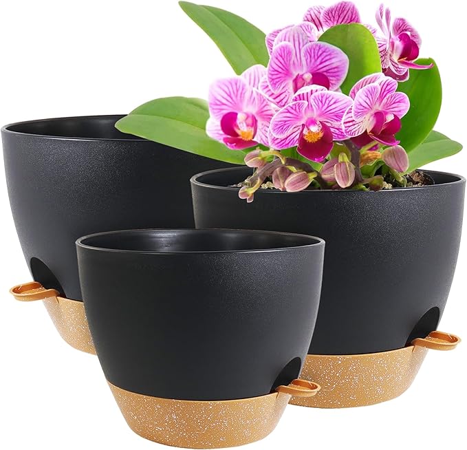 12/10/9 inch Large Self Watering Pots, Planter, Plant Pots with Mesh Drainage Holes for Indoor Outdoor Garden Plants, Plastic Flower Pots with Removable Deep Reservoir, Black with Brown-HomvellaHome