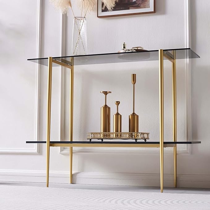 Glass Console Table for Living Room, Foyer & Entrance, 2-Tiers Mid-Century Modern Sofa Table with Grey Glass Top, Black Marble Finish Wood Shelf and Gold Finish Frame-HomvellaHome