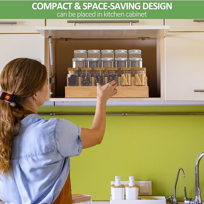 2 Pack Bamboo Spice Rack Organizer for Countertop, 3 Tier Spice Step Shelf for Cabinet (Jars Not Included)-HomvellaHome