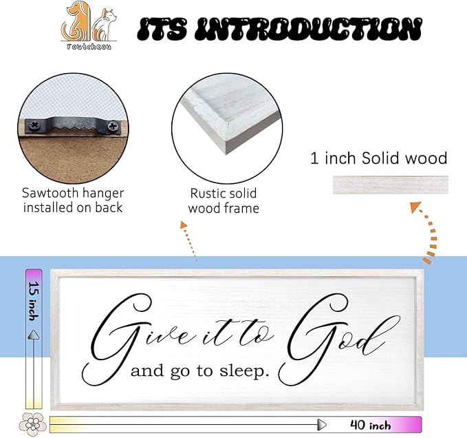 Give It To God And Go To Sleep Sign Wall Decor 40x15 Inch Large Farmhouse Master Bedroom Above Bed Hanging Wall Art Rustic Guest Room Wood Framed Over Bed Wall Decoration (White)-HomvellaHome