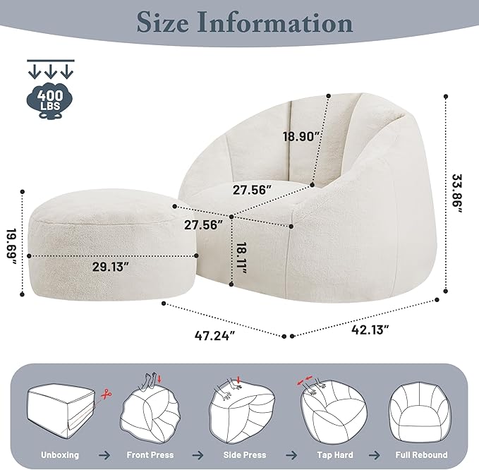 Giant Bean Bag Chaise Lounge Indoor Chair for Adults - Comfy Plush Round Shell Soft Accent Chair, Oversized Cozy Floor Sofa for Living Room, Bedroom & Game Rooms, Beige-HomvellaHome