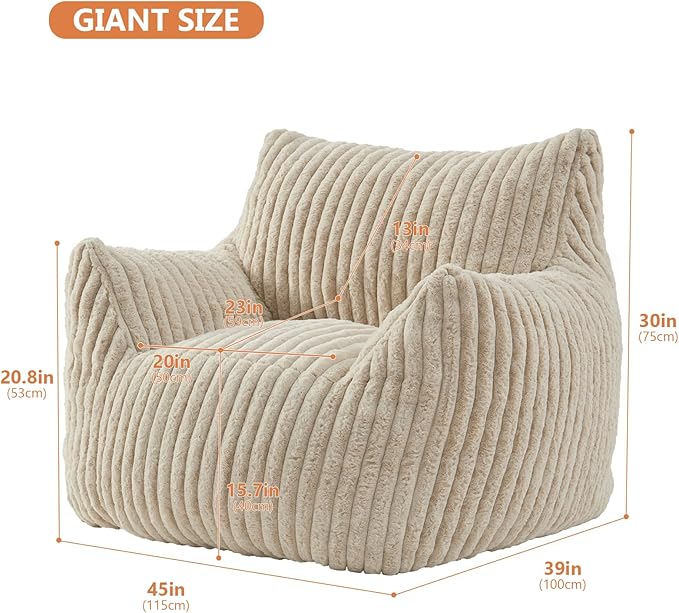Giant Bean Bag Chairs for Adults with Filling Plush Fluffy Bean Bag Chairs for Teens with Armrests Comfy BeanBag Lazy Couch Sofa Chair for Bedroom Living Room Reading-HomvellaHome