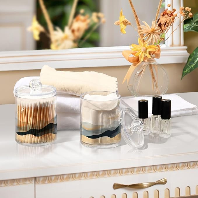 2 Pack Qtip Holder Organizer Dispenser Marble Mountain Bathroom Storage Canister Cotton Ball Holder Container for Cotton Pads/Swabs/Floss-HomvellaHome