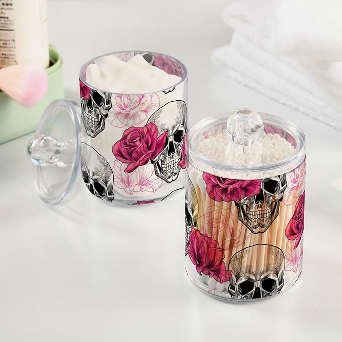 2 Pack Qtip Holder Dispenser Skull Rose Flower Bathroom Storage Canister Lid Acrylic Plastic Apothecary Jar Set Vanity Makeup Organizer for Cotton Swab/Ball/Round Pads, Floss-HomvellaHome