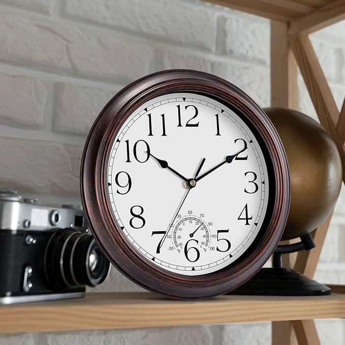 12 Inch Outdoor Wall Clock with Thermometers, Vintage Silent Wall Clocks Battery Operated, Retro Non-Ticking Clock Decorative for Living Room, Patio, Kitchen, Office, Bathroom, Bedroom(Bronze)-HomvellaHome