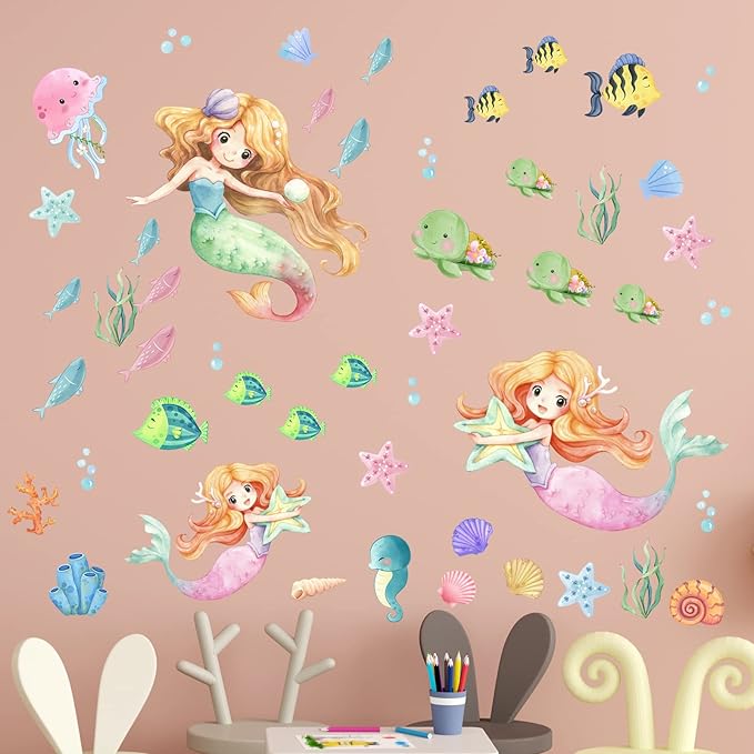 Glow in The Dark Stars Mermaid Wall Decals, Turtle Ocean Fish Stickers for Ceiling, DIY Wall Decor for Nursery Playroom Living Room, Birthday Christmas Gift-HomvellaHome