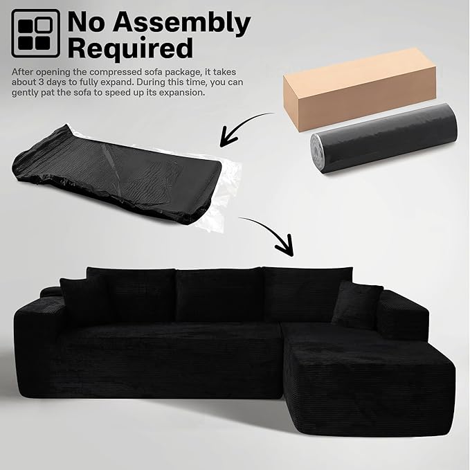 104" Cloud Sectional Couches for Living Room,L Shaped Boneless Couch in A Box,Sleeper Sofa with Comfy Chaise No Assembly Required,Black-HomvellaHome