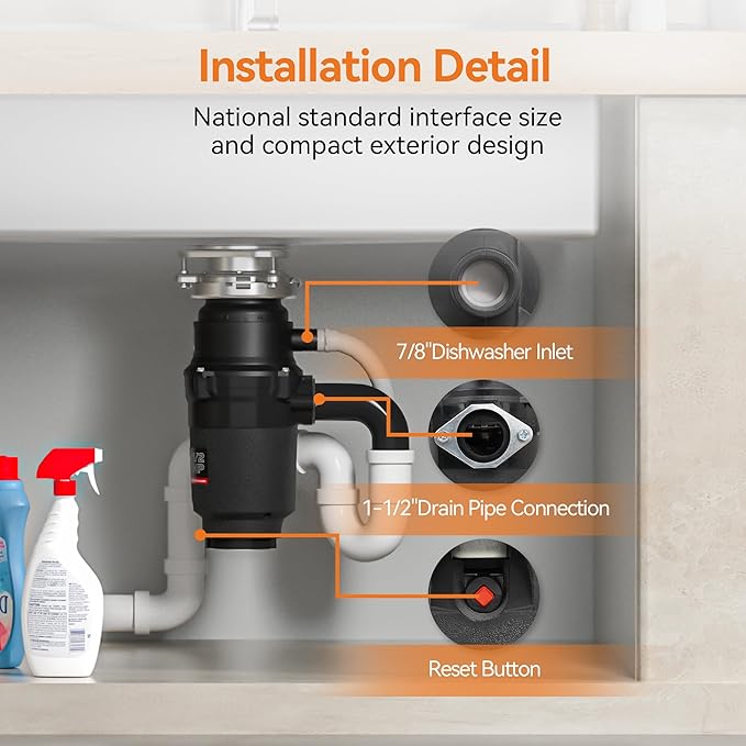 1/2 HP Garbage Disposal, TECASA Food Garbage Disposal with Power Cord, Stainless Steel Grinding System and 3-Bolt Mounting, Continuous Feed Compact Garbage Disposals, UL Certified, Taskmaid Series 50-HomvellaHome